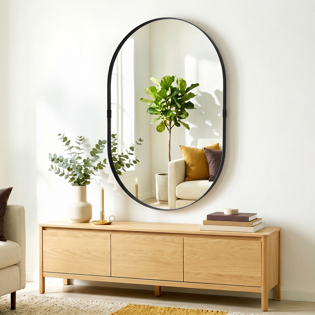 Miroir mural, miroir décoratif 60 x 90 cm en verre trempé et cadre en aluminium, pour chambre, salon, couloir, noir