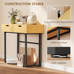 Console meuble 110 cm, table console étroite avec 2 tiroirs, cadre en métal et design sans poignées, bois naturel