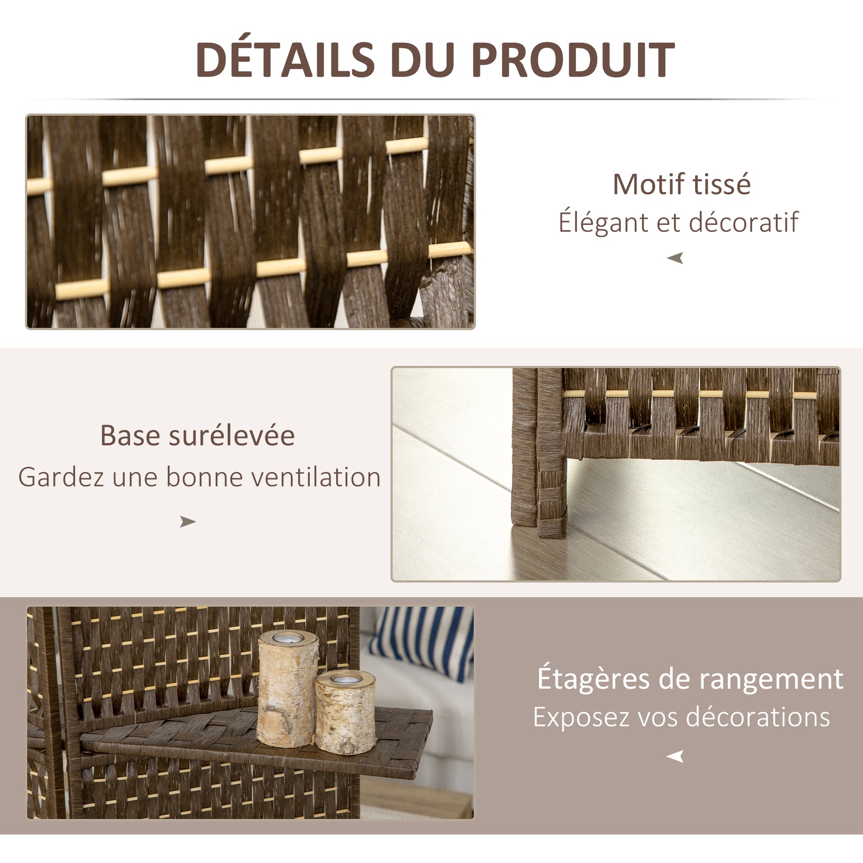 Paravent intérieur séparateur de pièce 4 panneaux 2 étagères bois de pin tressée fibres de papier 181 x 180 cm marron