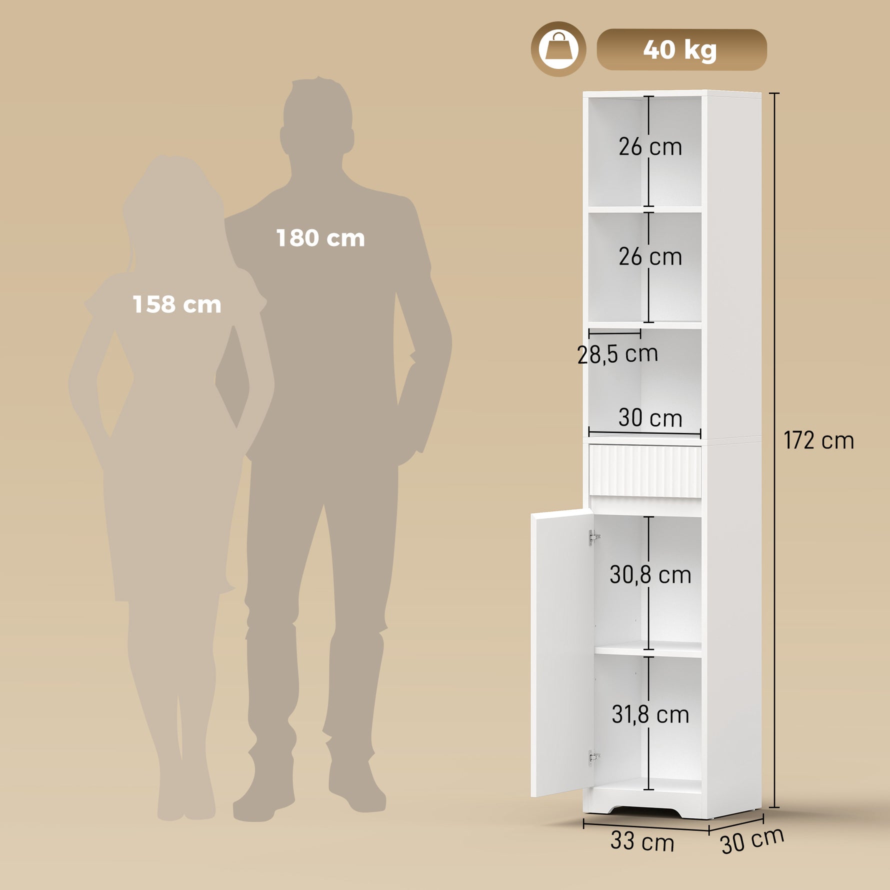 Meuble de salle de bain haut, meuble de rangement avec porte, tiroir, compartiments ouverts, étagère réglable, blanc
