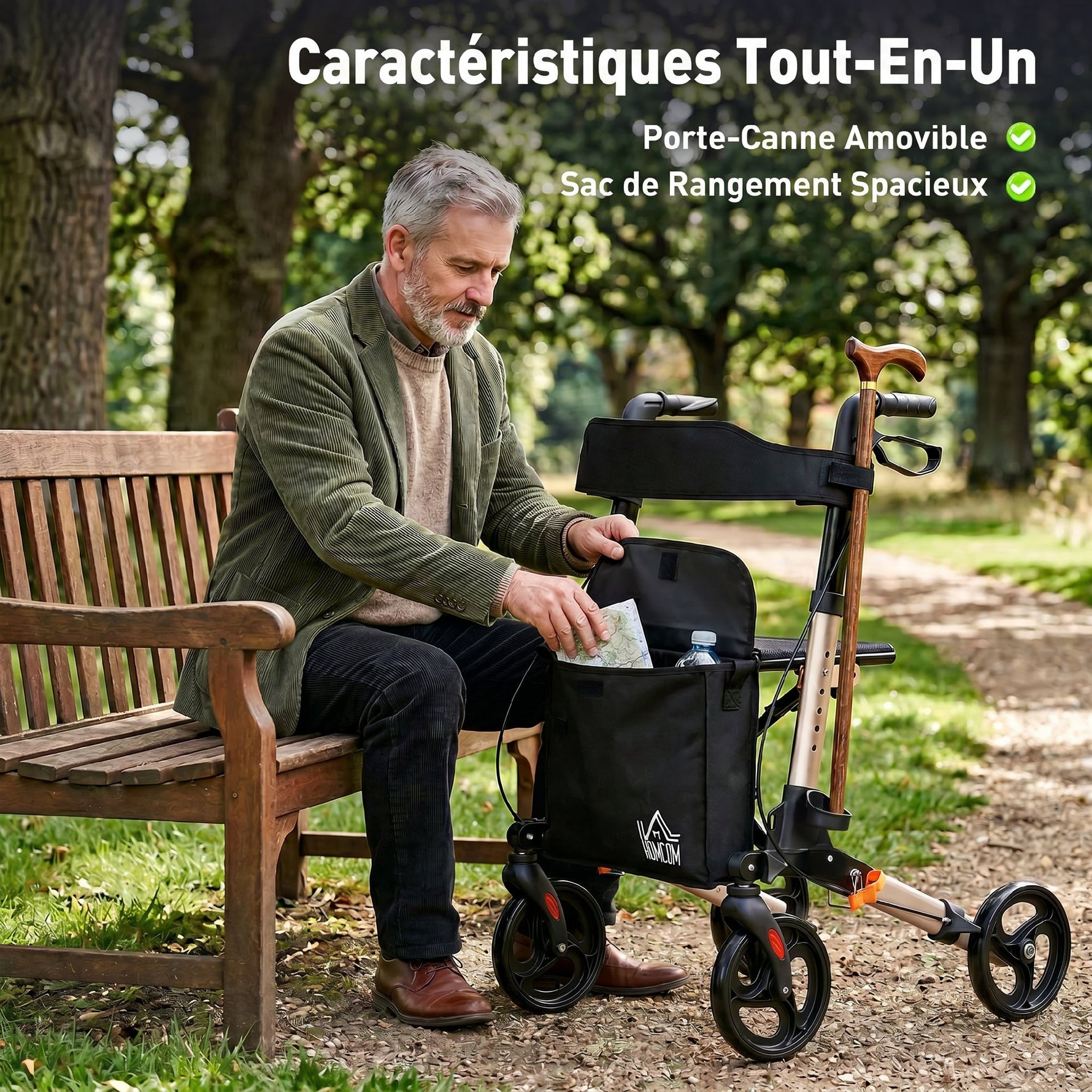 Déambulateur 4 Roues Pliable en Aluminium, Hauteur Réglable 6 Positions, Freins Doubles, Rangement, 64x67x92cm, Doré