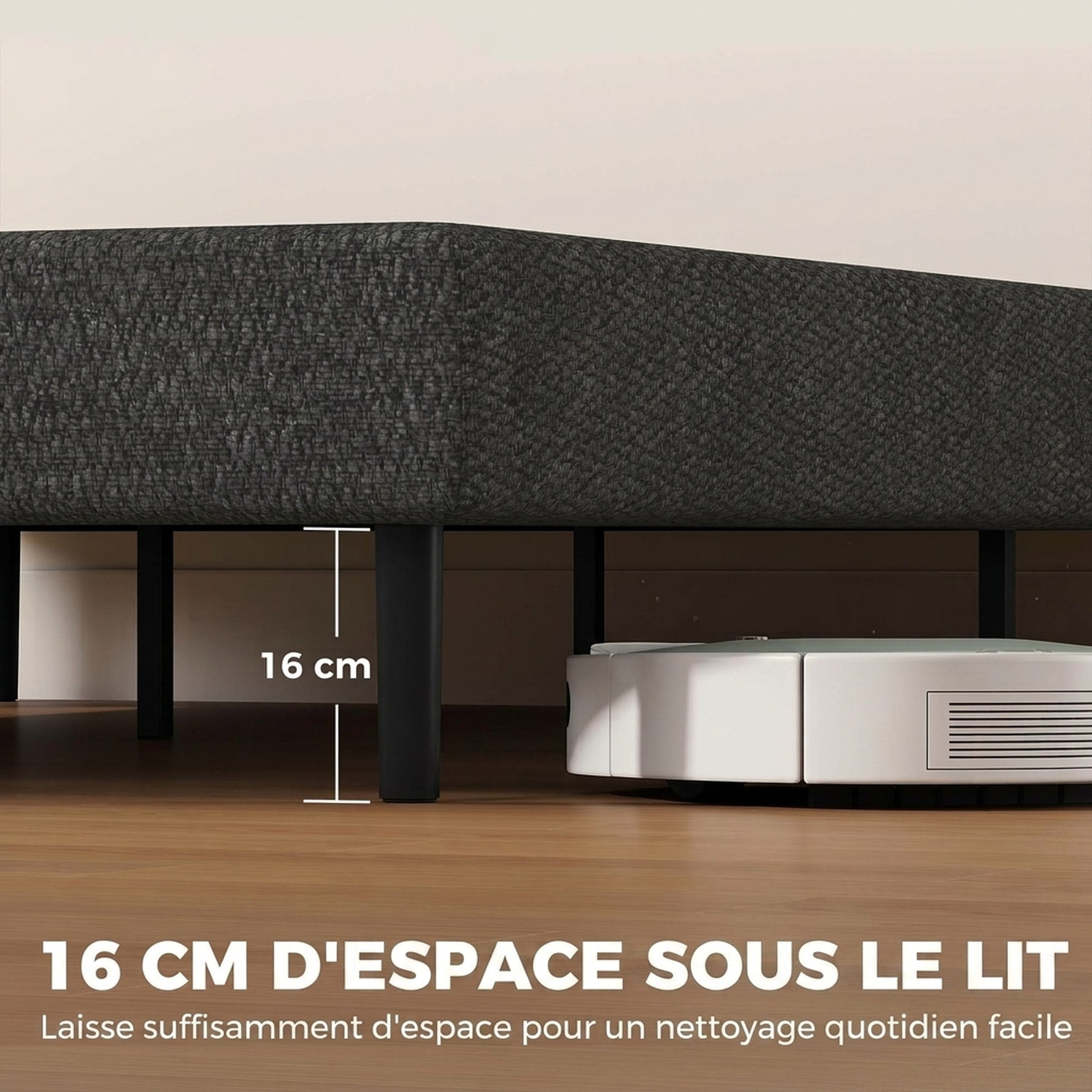 Sommier Tapissier 140x190 cm, Cadre de Lit avec Revêtement en Chenille, 10 Lattes Bois, 9 Pieds Stables, Gris