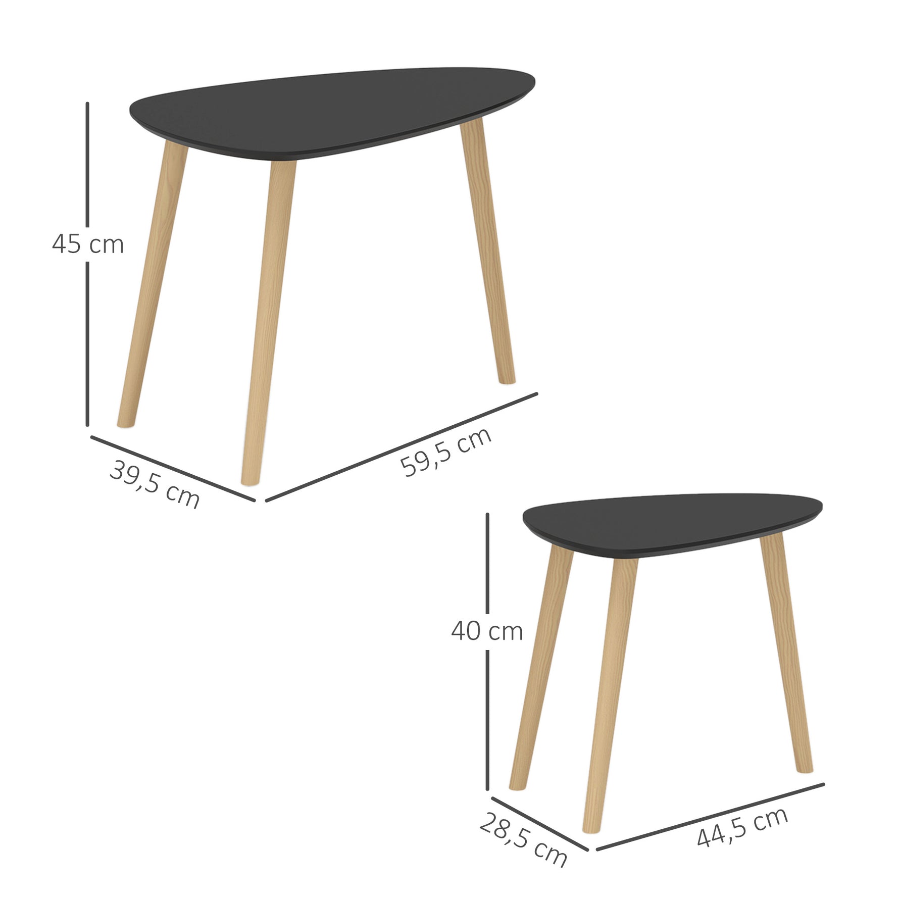 Lot de 2 tables basses gigognes design scandinave pieds en bois et plateau en bois, noir