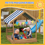 Holz-Sandkasten in Hausform für Kinder mit Vordach, 2 Becken, Spüle und Tafel, 124 x 116 x 146 cm, Schwarz