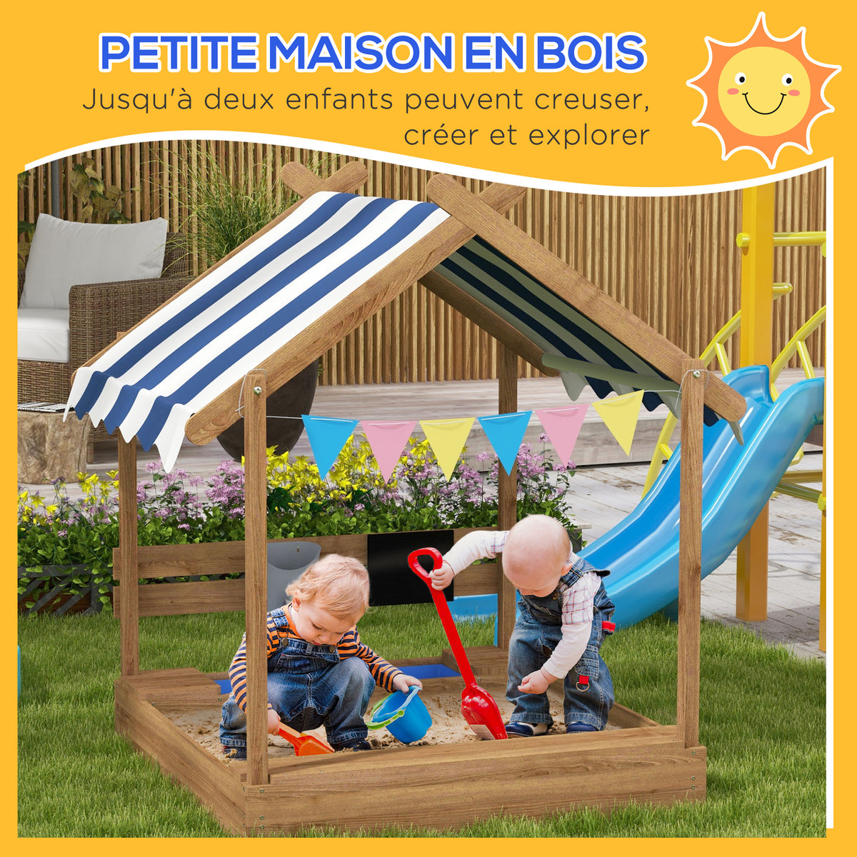 Holz-Sandkasten in Hausform für Kinder mit Vordach, 2 Becken, Spüle und Tafel, 124 x 116 x 146 cm, Schwarz