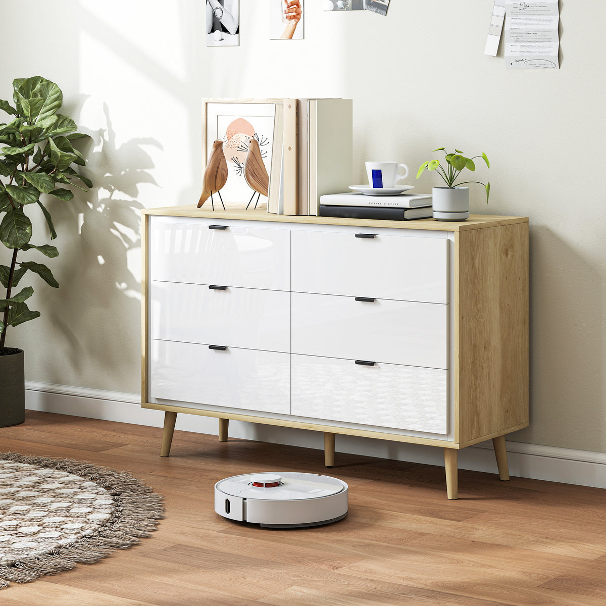 Commode 6 tiroirs, meuble de rangement à haute brillance, 5 pieds en bois, 110 x 40 x 75 cm, blanc et chêne
