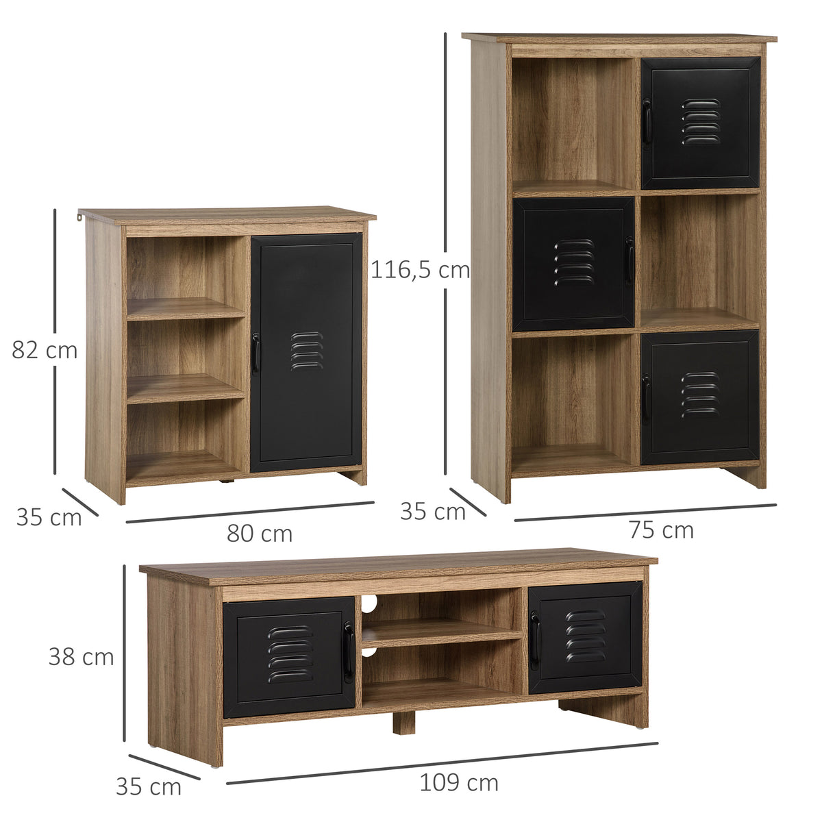 Ensemble Buffet Bibliothèque et Meuble TV Industriel 2 Passe-Fils Multi-rangement Aspect Bois veinage Portes métal Noir