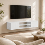 Mobile TV sospeso galleggiante 140cm con illuminazione LED e prese, 2 ante scanalate e ripiano regolabile, bianco