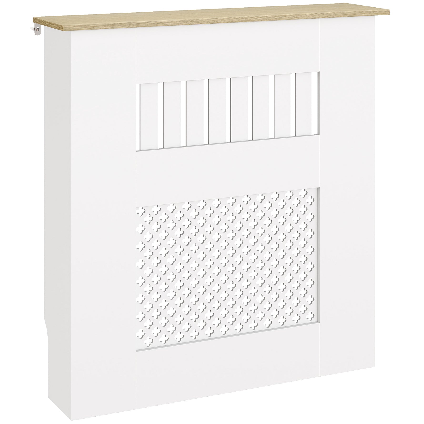 Couvercle de Radiateur en Bois à Lattes avec Détails Croisés et Étagère Supérieure, 78 x 19 x 81 cm, Blanc