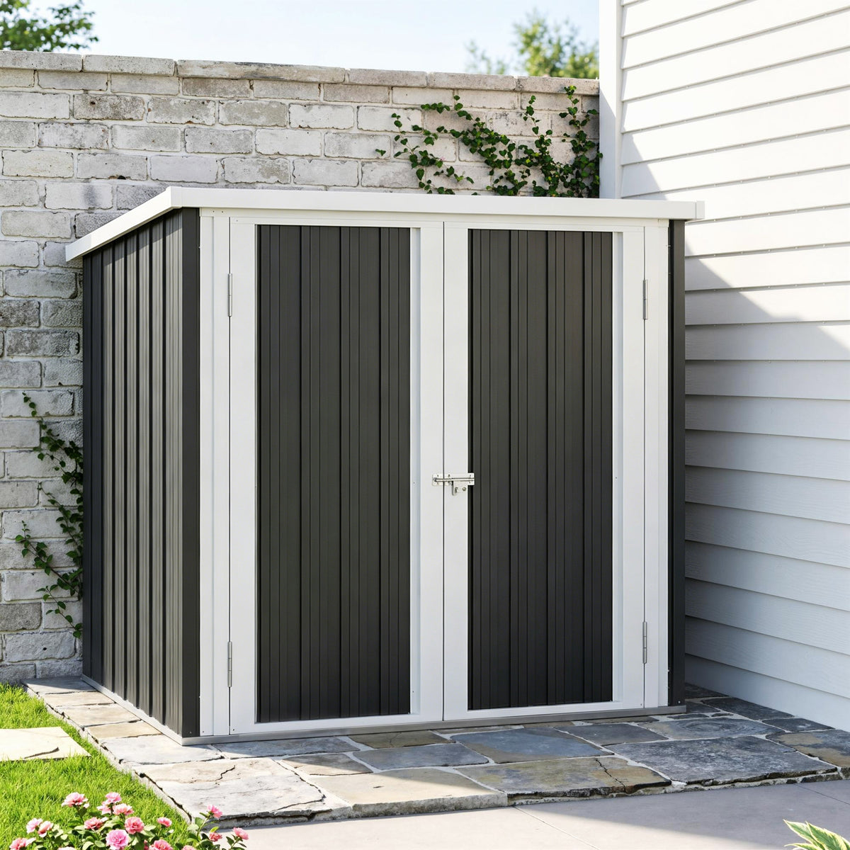 Abri de Jardin - cabane de jardin 1,09 m² - cabanon rangement outils 2 Portes verrouillables - dim. 147L x 86l x 134H cm - tôle d'acier Noir Blanc