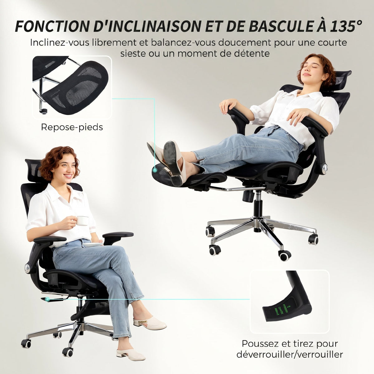 Ergonomischer Bürostuhl mit 4D-Armlehnen, verstellbarer Kopfstütze und Sitztiefe, Netzgewebe schwarz