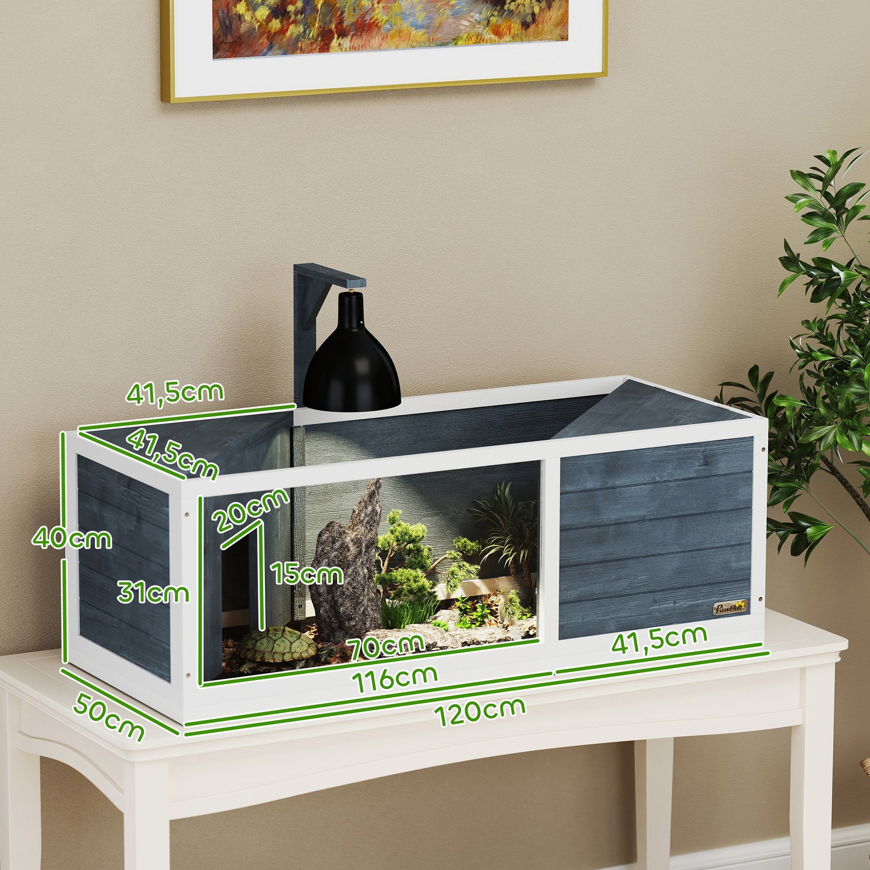 Maison pour tortues enclos avec toit ouvrant support lampe plateau fenêtre panoramique 120 x 50 x 40 cm gris