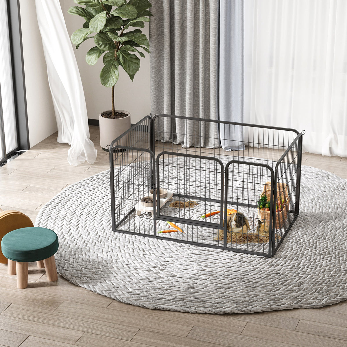 Luxe parc enclos modulable acier 4 panneaux et 1 porte pour chiens, lapins, rongeurs, petits animaux, intérieur et extérieur 125L x 70H cm noir