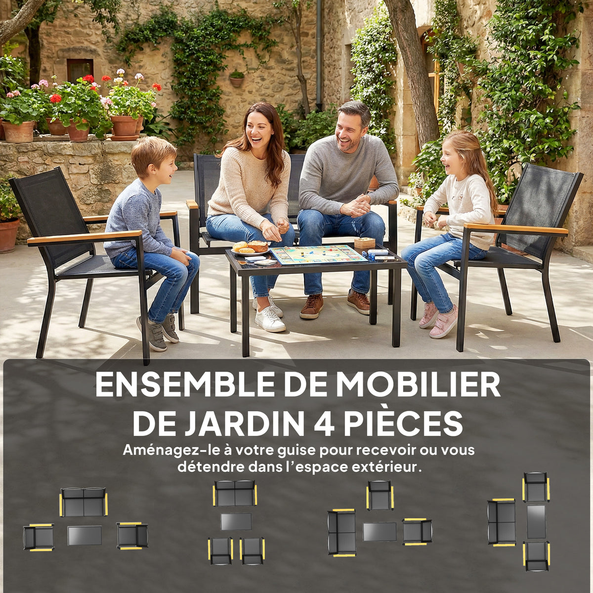 Salon de jardin extérieur 4 pièces avec canapé 2 places, 2 chaises et table basse en verre trempé, noir