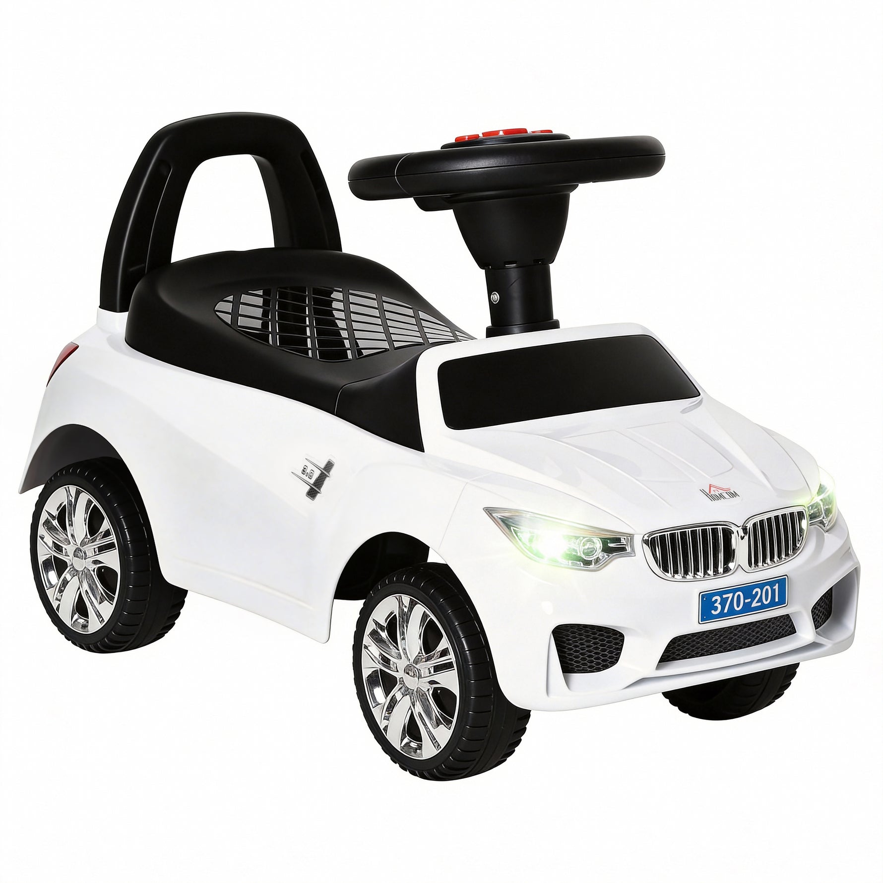 Porteur enfants voiture, véhicule à pousser avec coffre à jouets, klaxon, phares et musique, 63,5 x 28 x 36 cm, blanc