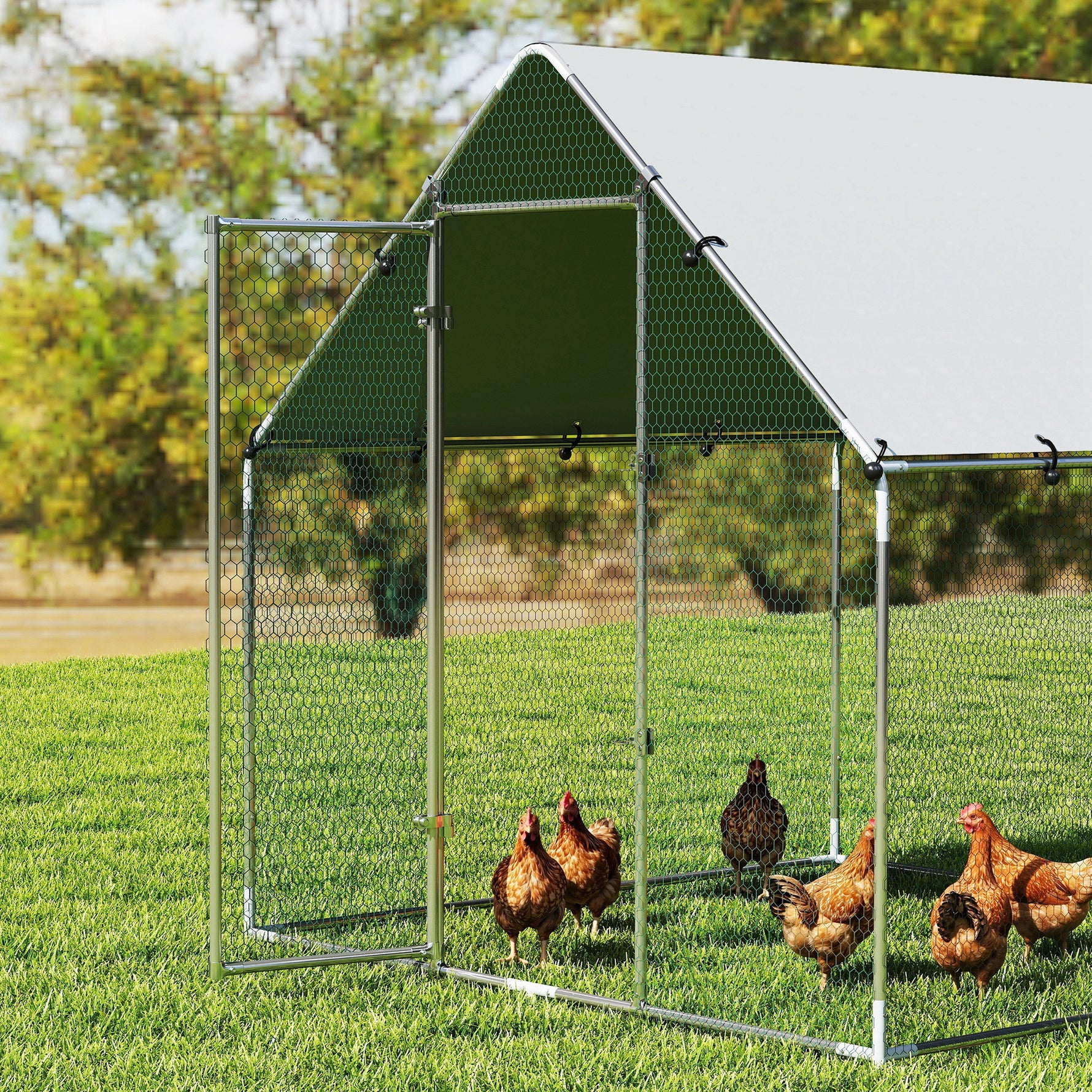 Enclos poulailler extérieur 4 m², parc grillagé - acier galvanisé Ø19mm - bâche Oxford 420D anti-UV 200x200x200cm argent