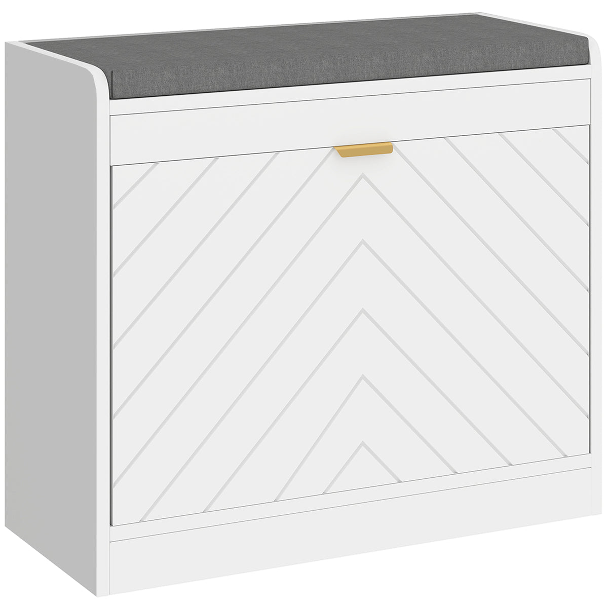 Panca scarpiera, panca contenitore, seduta imbottita, cassetto a ribalta, anta con motivo, 60 x 26 x 52,5 cm, bianco