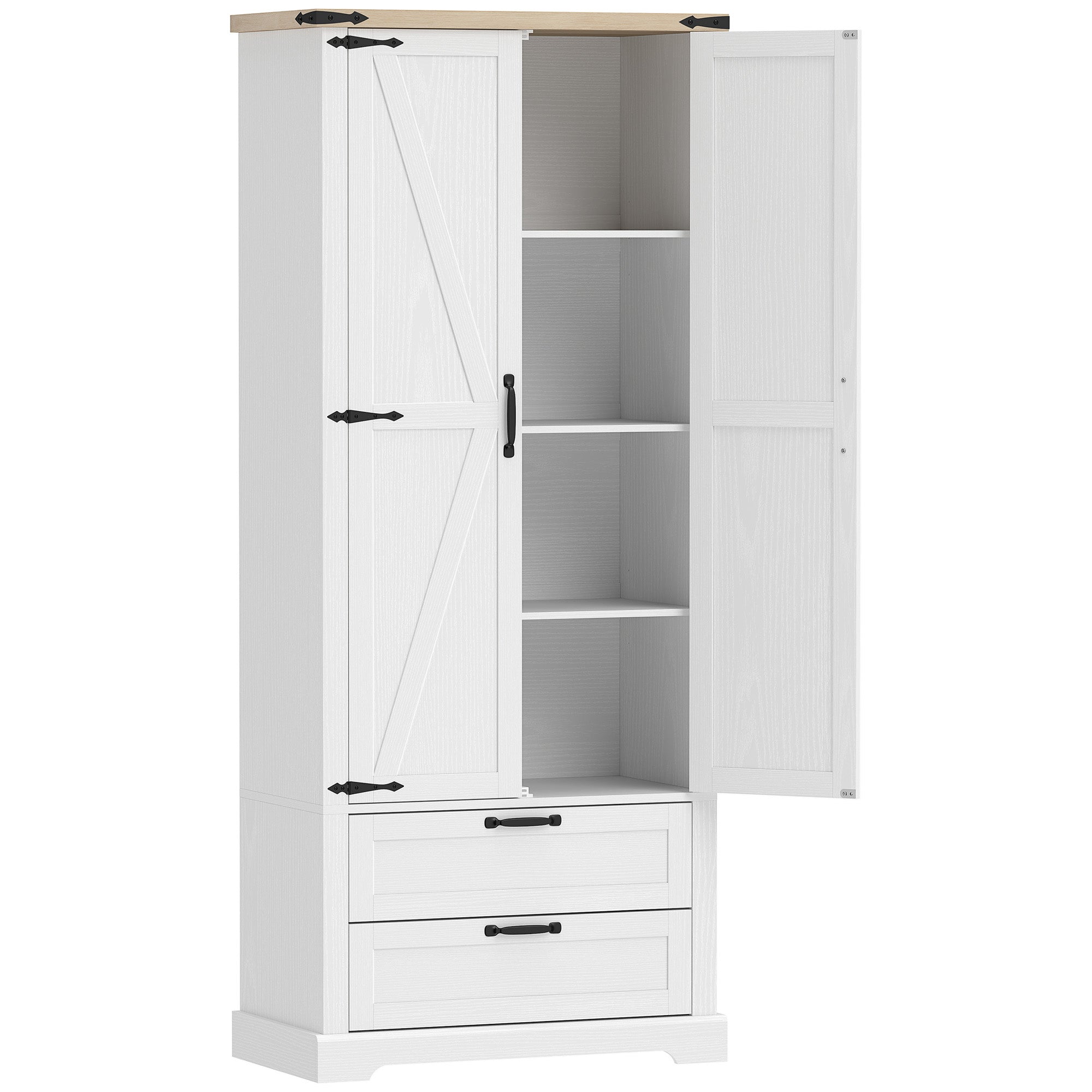 Buffet haut cuisine, armoire de cuisine avec 2 portes, 2 tiroirs, étagères réglables, style rustique, 76x40x180cm, blanc