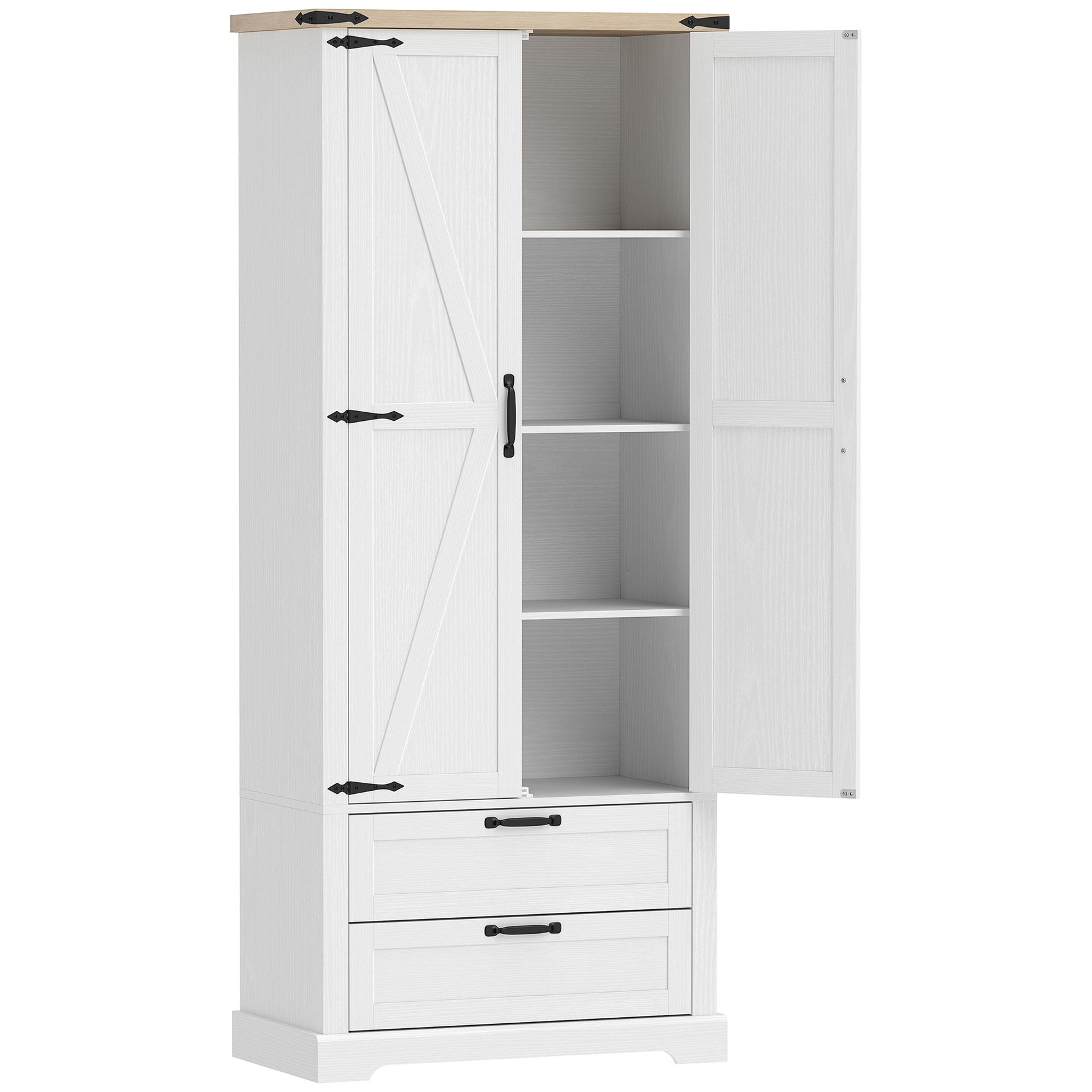 Buffet haut cuisine, armoire de cuisine avec 2 portes, 2 tiroirs, étagères réglables, style rustique, 76x40x180cm, blanc