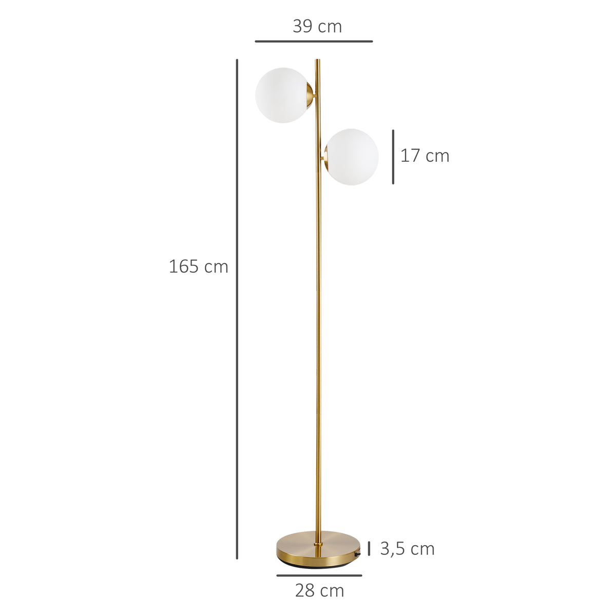 Lámpara de pie de diseño, lámpara de pie para salón neo-retro, 2 cabezales de bola, máx. 40 W, metal dorado