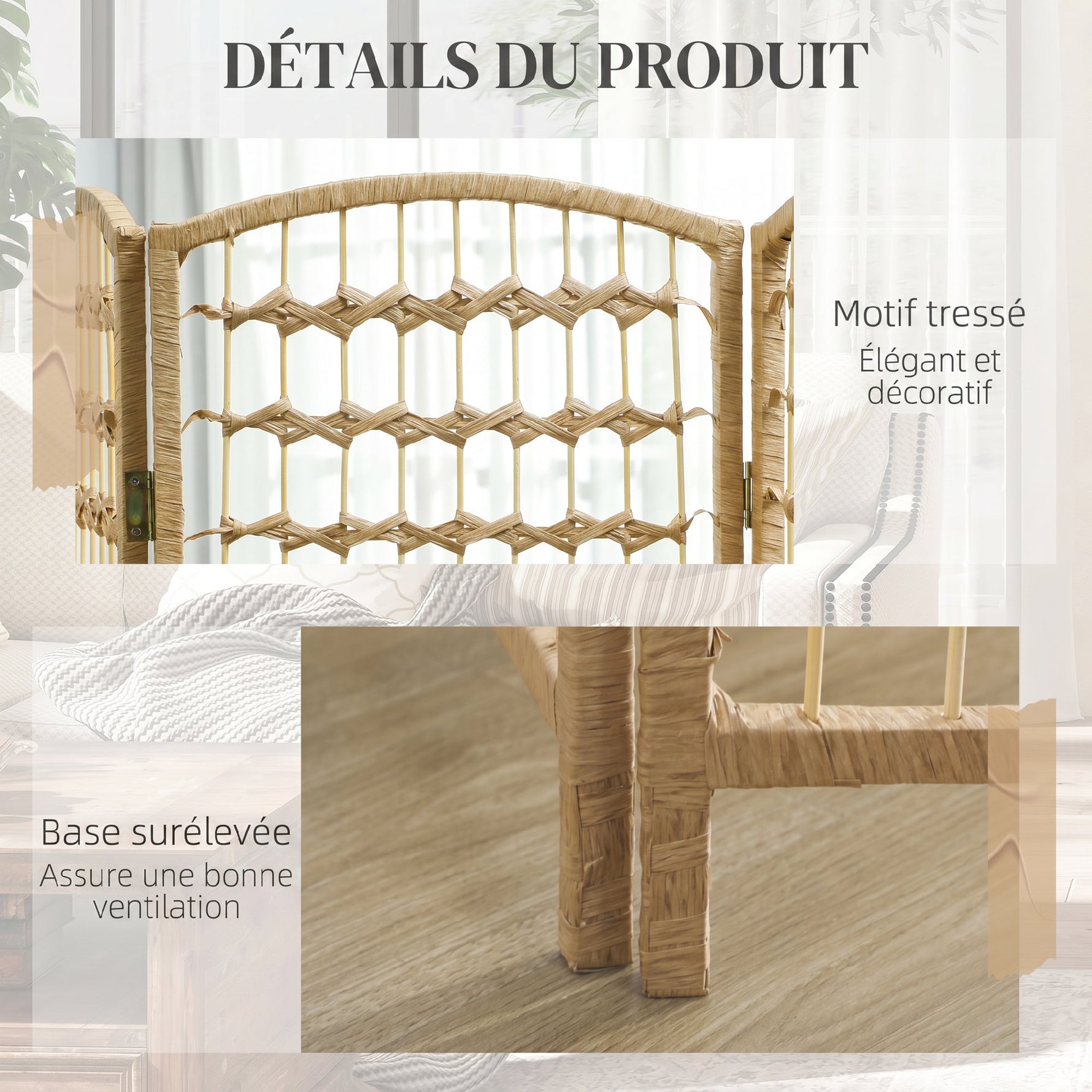 Paravent intérieur en bois séparateur de pièce cloison pliable 8 panneaux 320 x 170 cm bois naturel