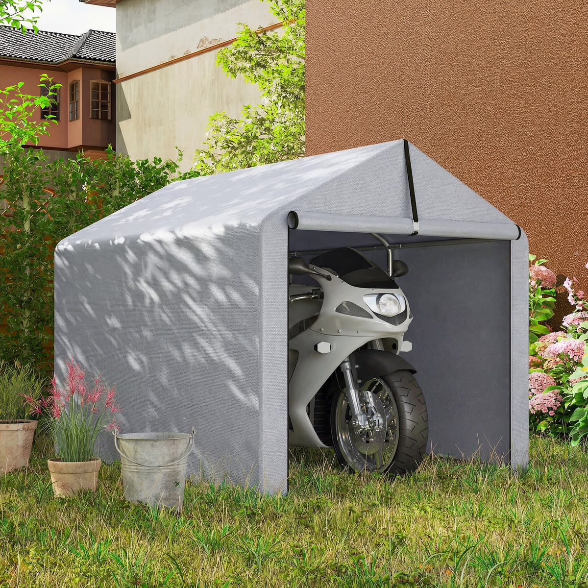 Abri de jardin tente de stockage imperméable abri moto porte enroulable, pour vélo moto 162 x 221,5 x 163 cm, gris clair