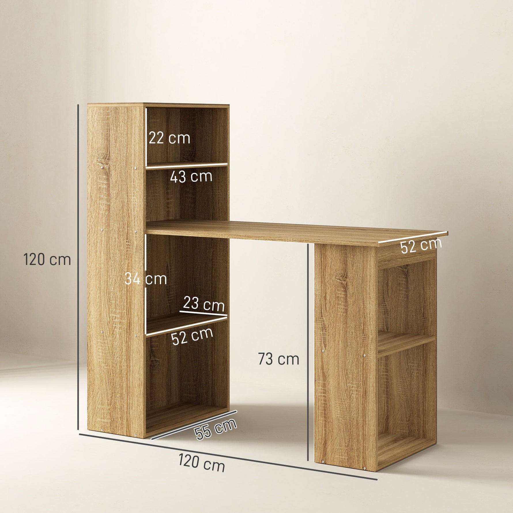 Bureau Informatique avec étagère de rangement Bureau d'angle bibliothèque adjacente Multi-rangements Chêne