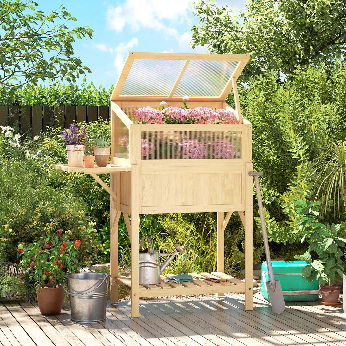 Carré potager sur pieds avec serre, jardinière surélevée, table latérale pliante et étagère, 104x50x120cm, bois naturel