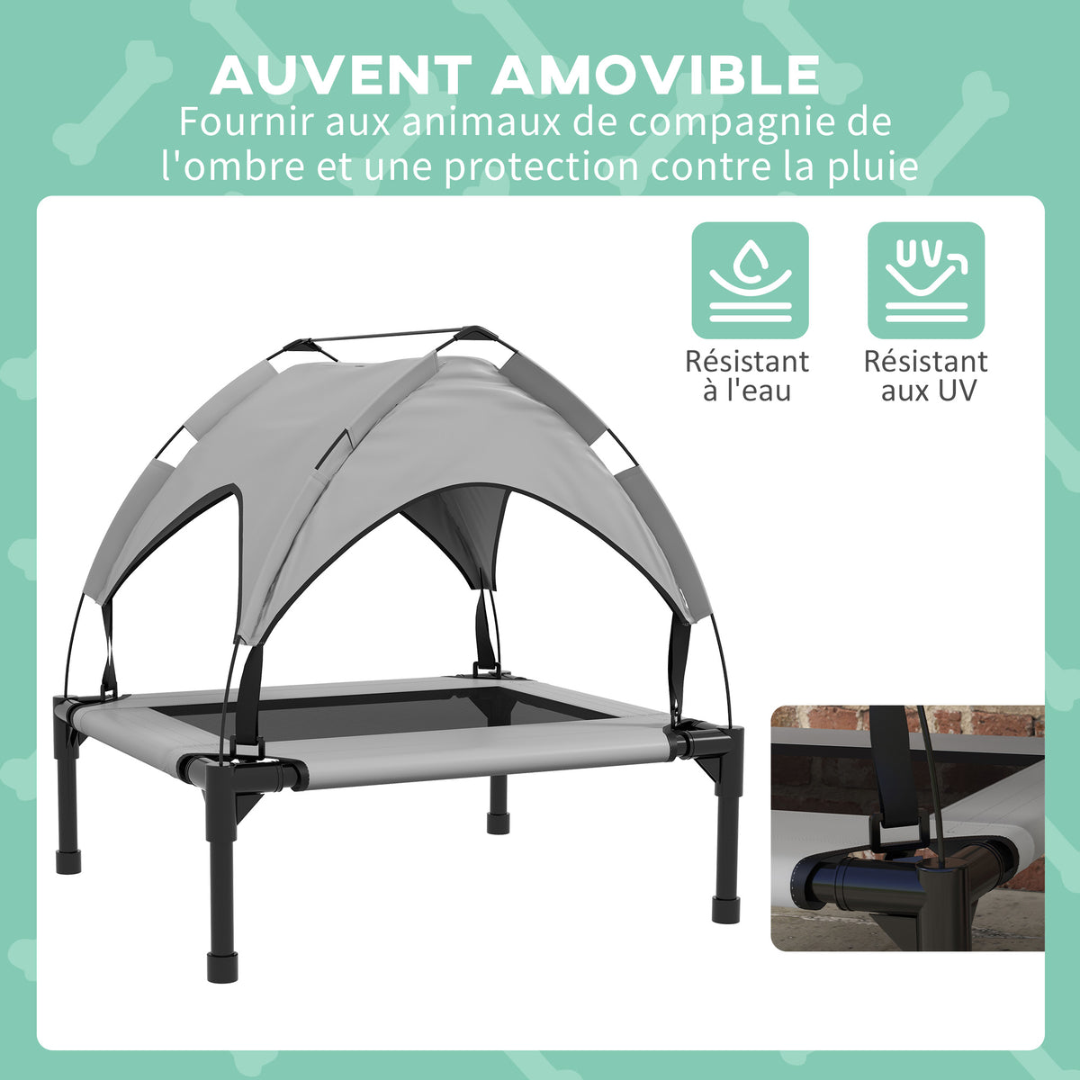 Lit pour chien chat sur pieds grand confort velum anti-UV oxford sac de transport inclus 76 x 61 x 69,5 cm gris