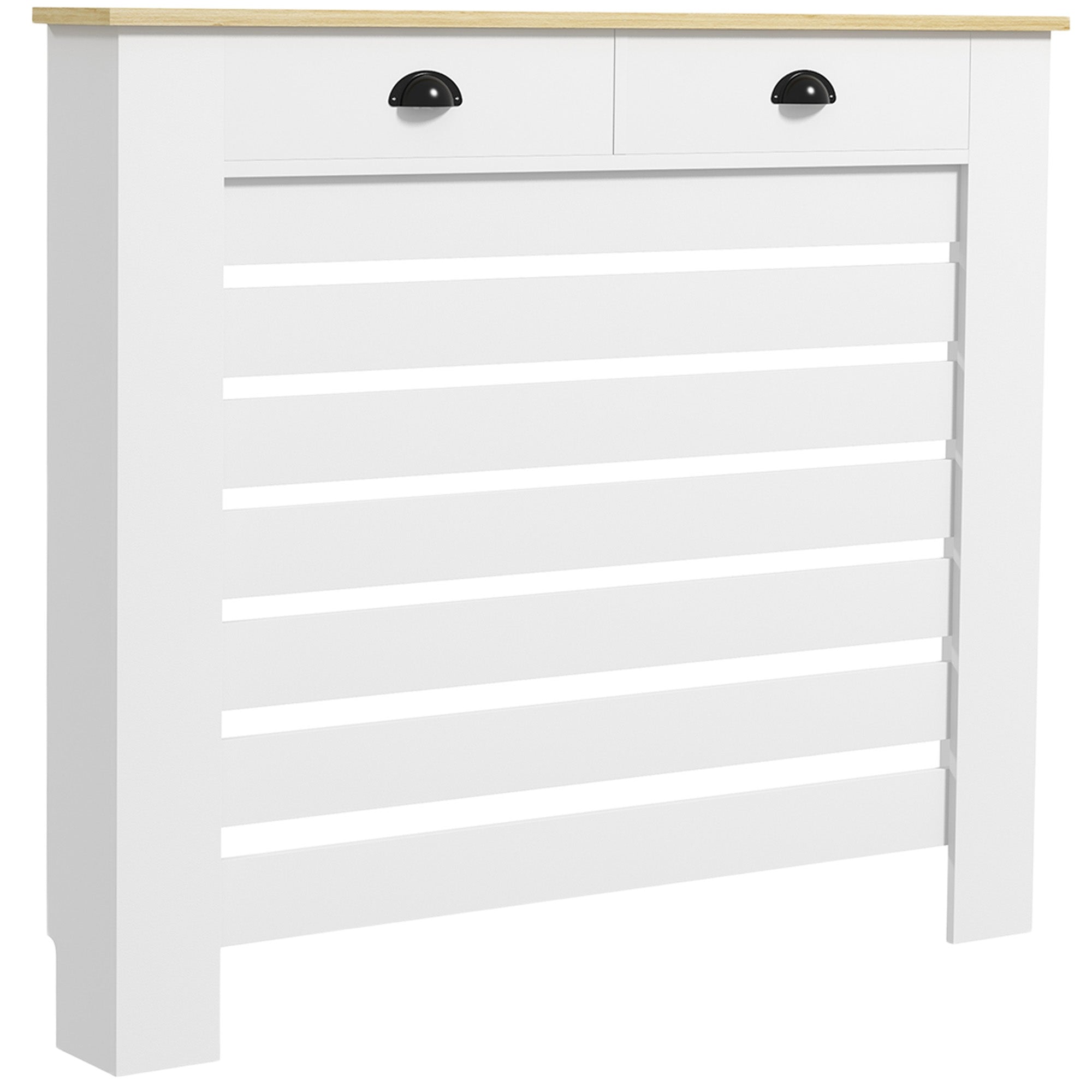 Couvercle de radiateur cache radiateur grille à lattes horizontales avec 2 tiroirs en bois 111l x 19P x 95,5H cm blanc