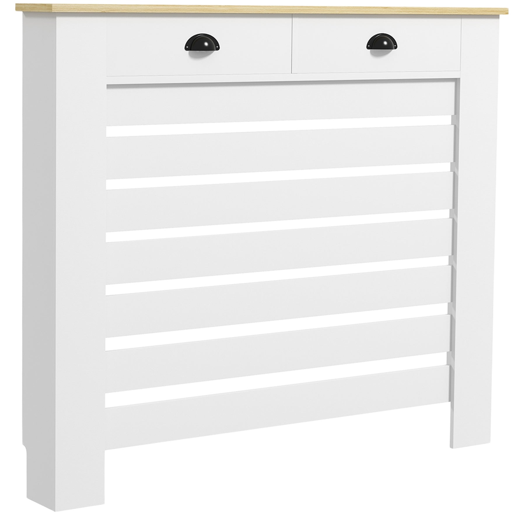 Couvercle de radiateur cache radiateur grille à lattes horizontales avec 2 tiroirs en bois 111l x 19P x 95,5H cm blanc