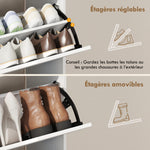 Meuble à chaussures, armoire à chaussures, 2 tiroirs rabattables, compartiments ouverts et étagère réglable, blanc