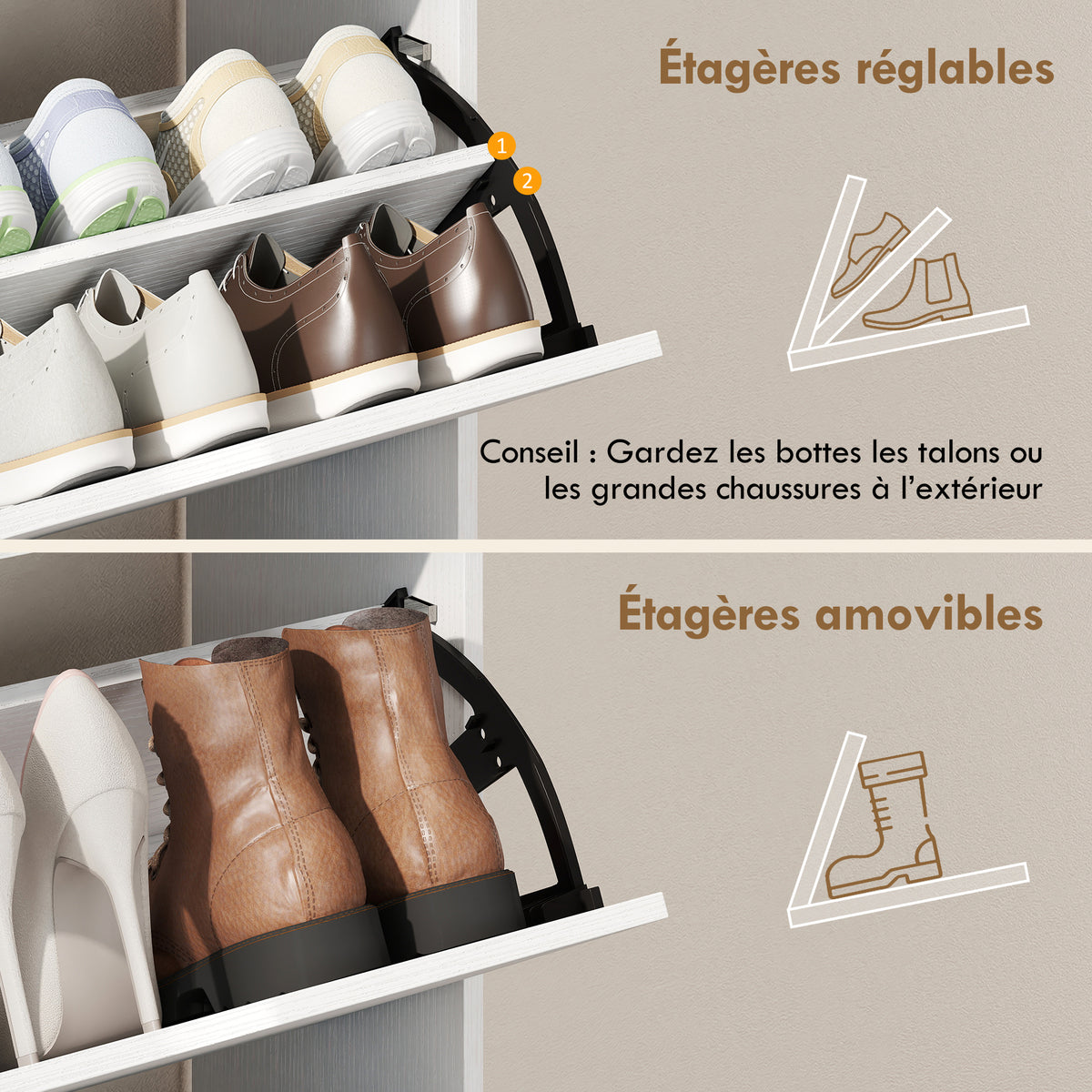 Meuble à chaussures, armoire à chaussures, 2 tiroirs rabattables, compartiments ouverts et étagère réglable, blanc
