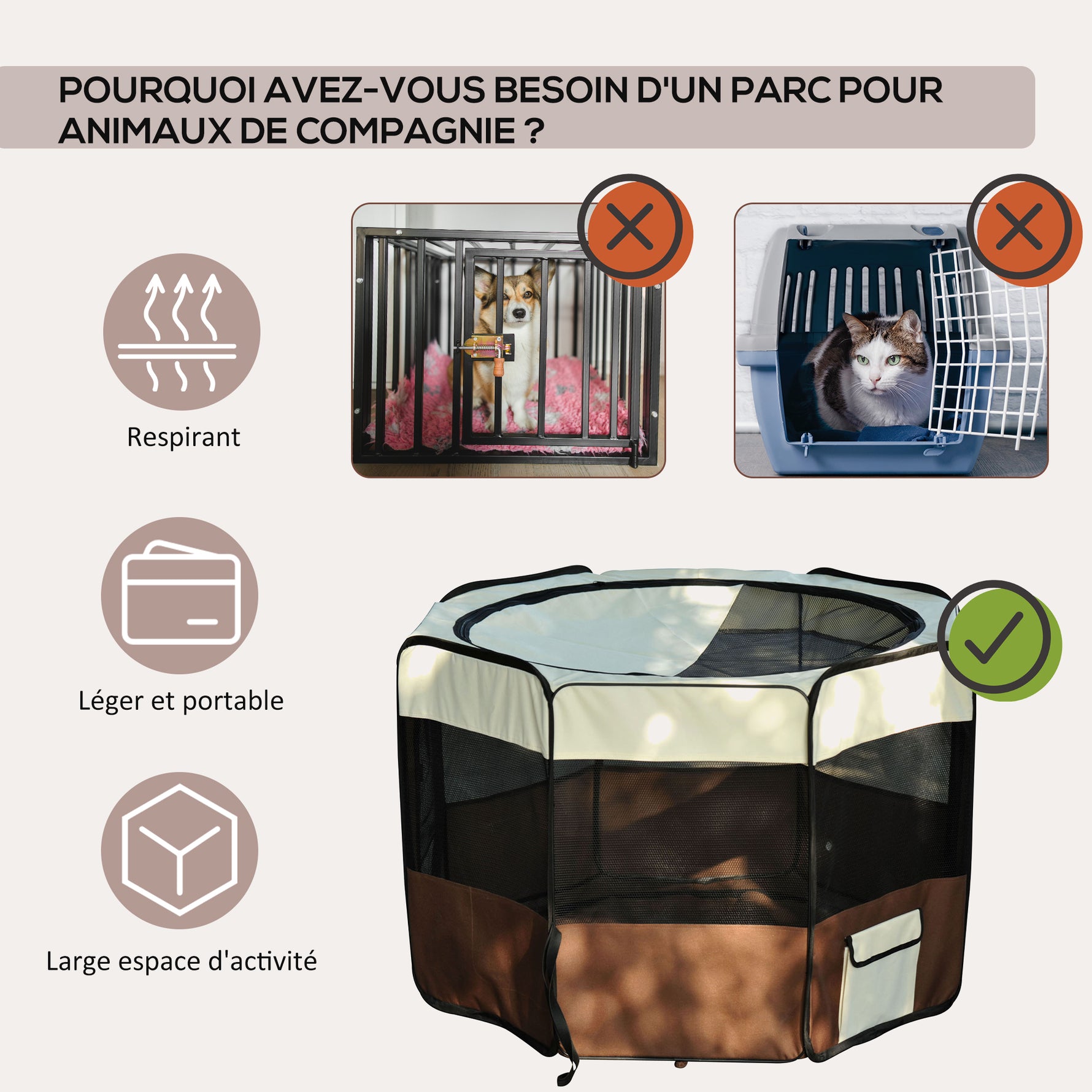 Parc enclos pliable pour chien chat petits animaux octogonal en tissu Oxford et acier Ø 90 x 41H cm marron beige