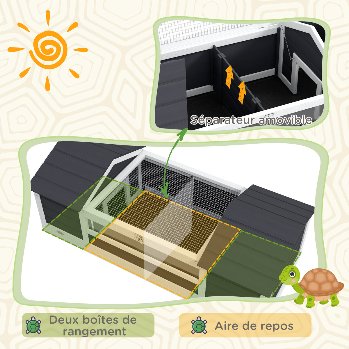 Casa para tortugas terrestres recinto exterior 2 refugios soporte de lámpara ajustable madera maciza 120 x 56,5 x 43 cm gris