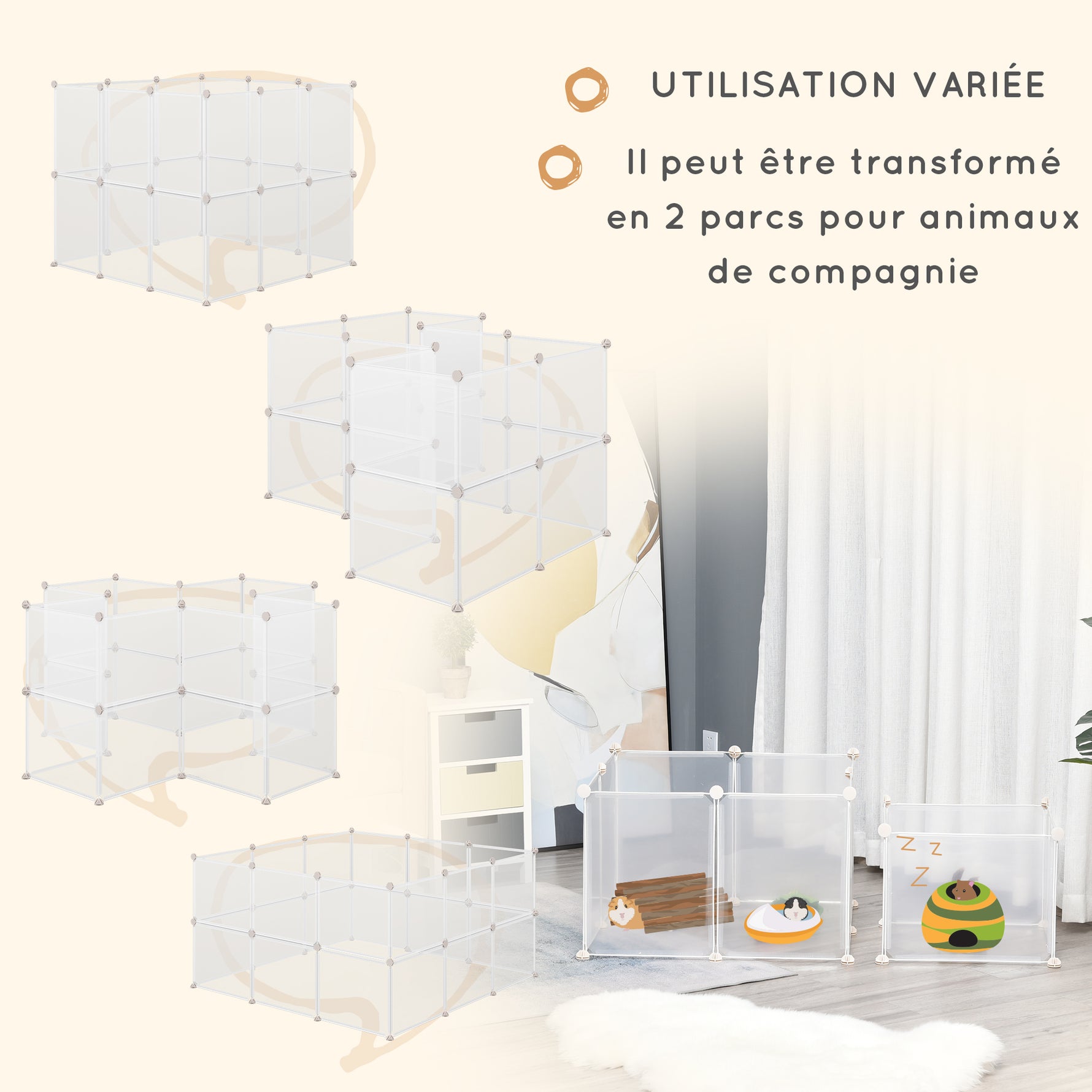 Enclos parc modulable pour petits animaux 12 panneaux pour lapin, hamster, chiot, cochon 105 x 105 x 45 cm blanc