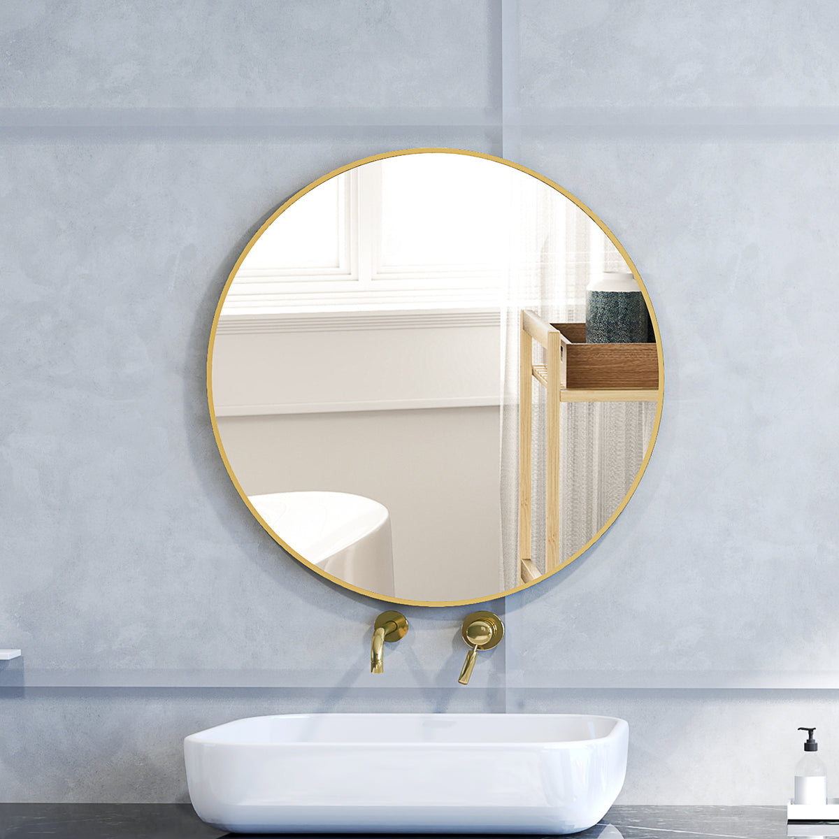 Espejo redondo para baño con marco de metal, fácil de instalar, para dormitorio, salón, entrada, Ø 70 x 2,5 cm dorado