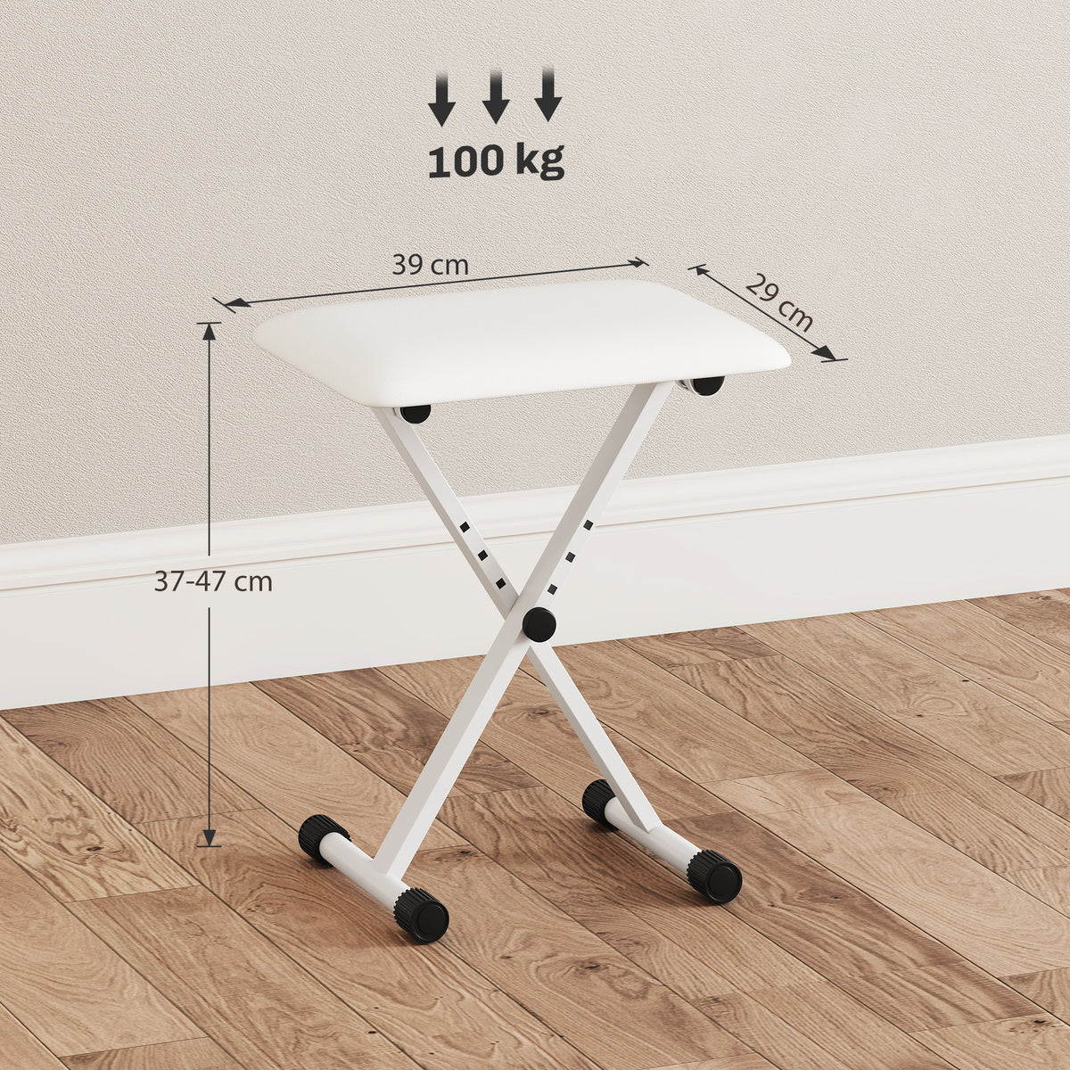 Tabouret piano pliable, banc piano réglable en hauteur, siège rembourré en PU, 39 x 29 x 37-47 cm, blanc