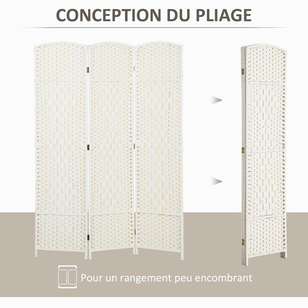 Paravent intérieur en bois 3 panneaux séparateur de pièce pliable pour salon chambre 135 x 180 cm blanc