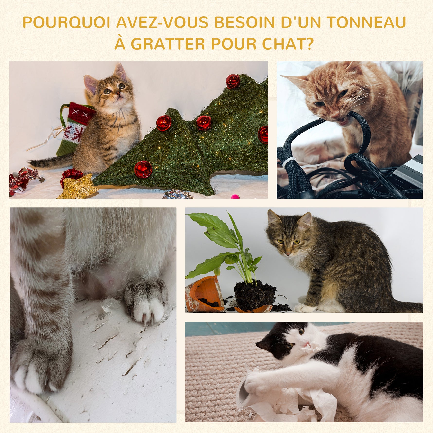 Tonneau à Gratter pour Chat, Arbre à Chat Sisal Naturel et Herbiers Marins Recouvert de Peluche, 37,5 x 37,5 x 70 cm, Kaki et Café
