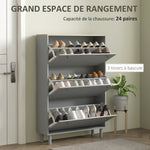 Meuble à chaussures 24 paires avec 3 tiroirs rabattables et étagères réglables, 80x23,5x121cm, gris