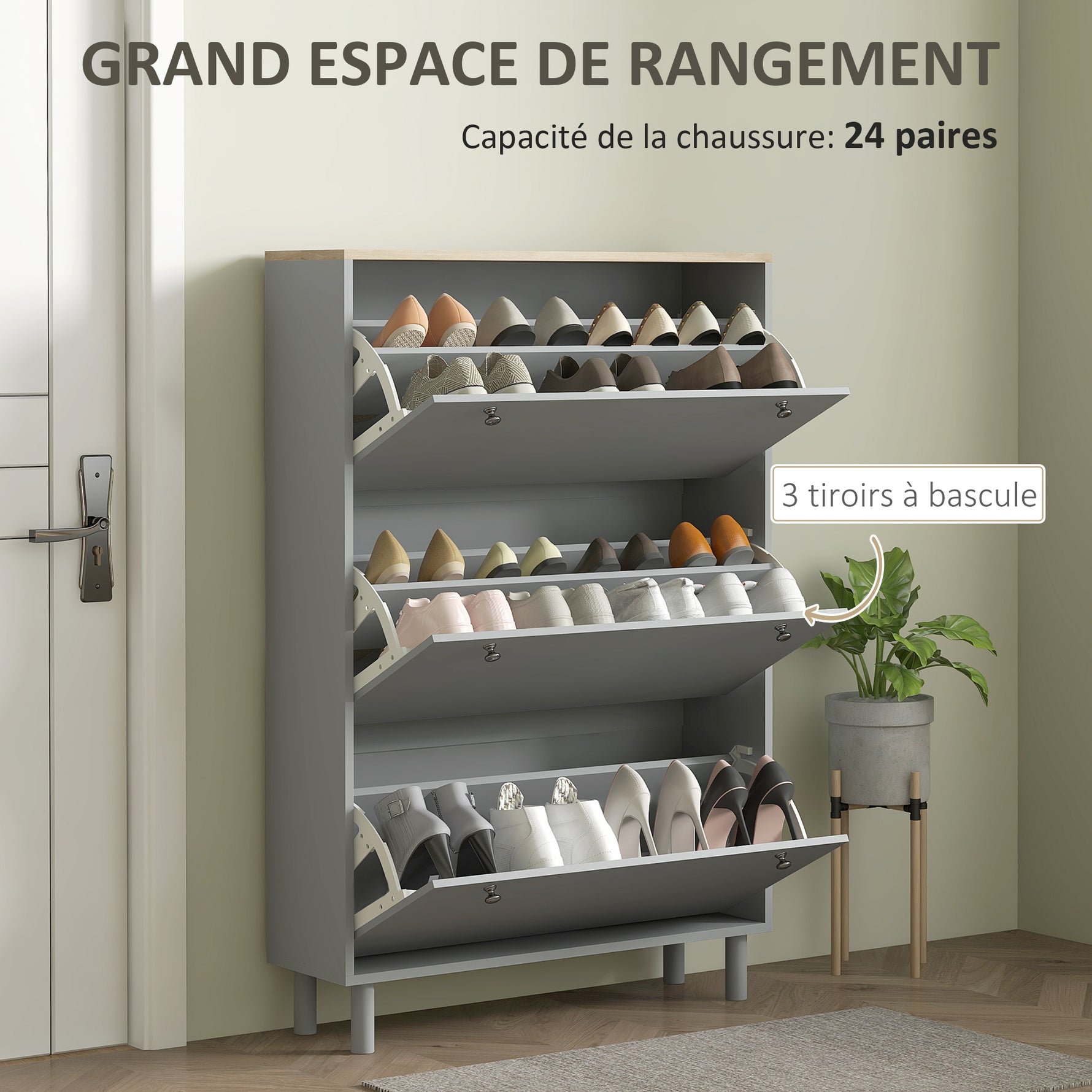 Meuble à chaussures 24 paires avec 3 tiroirs rabattables et étagères réglables, 80x23,5x121cm, gris