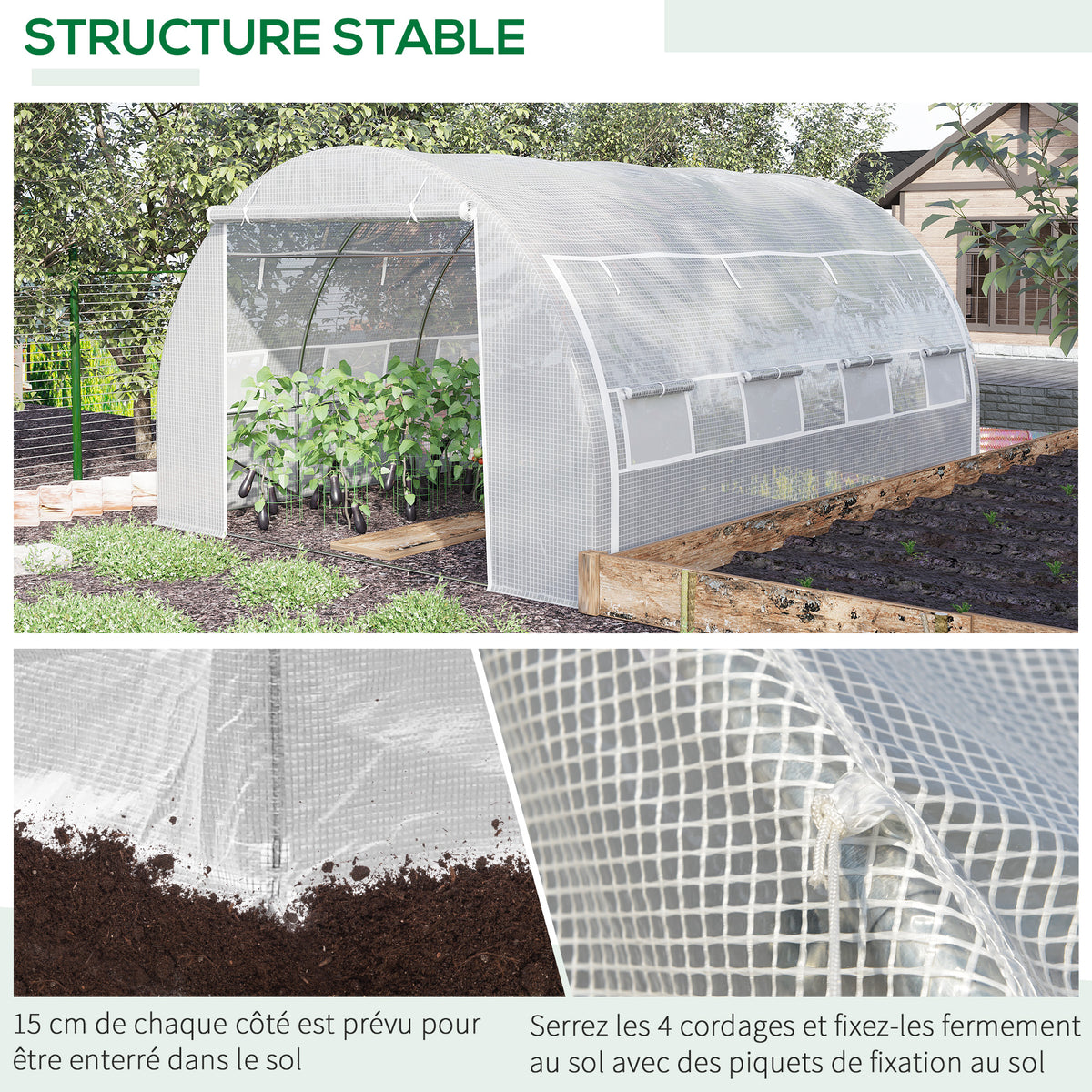Serre de jardin serre tunnel 12 m² avec porte, parois latérales enroulables 8 fenêtres acier PE  4 x 3 x 2 m blanc