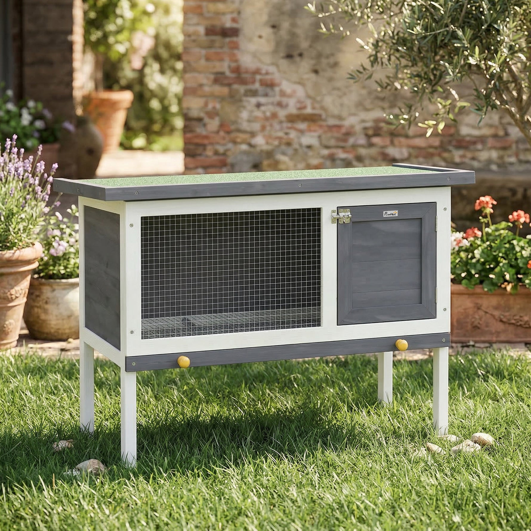 Clapier Lapin Extérieur en Bois, avec Toit Ouvrable en Asphalt et Plateau Coulissant, Design Surélevé, 90x45x65cm, Gris