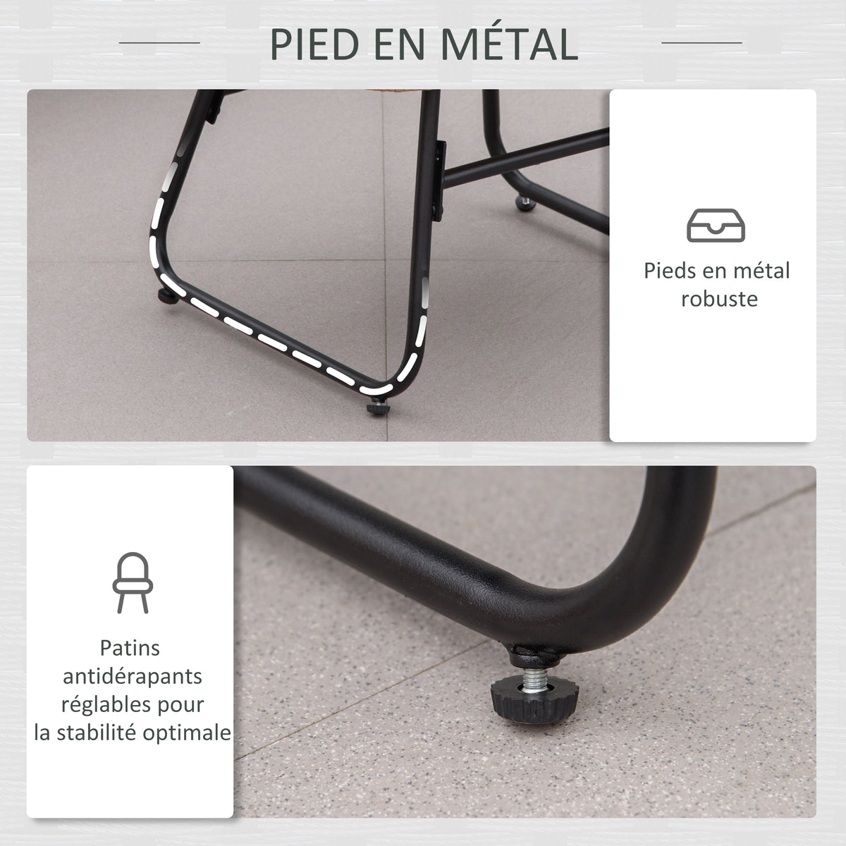 Fauteuil chaise de jardin avec repose-pieds en métal époxy et résine tressée aspect rotin avec coussins