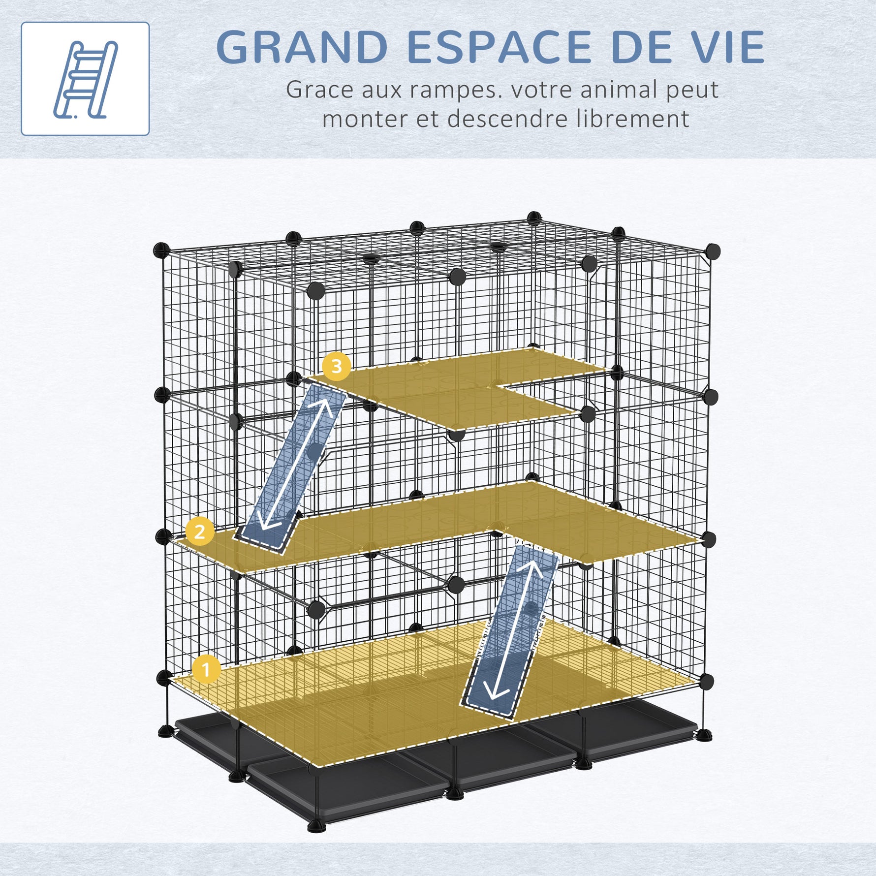 Cage parc enclos rongeurs modulable dim. L 111 x l 75 x H 119 cm 3 niveaux 4 portes fil métallique noir