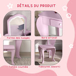 Coiffeuse pour enfant avec tabouret et miroir, table de maquillage avec tiroir et 2 compartiments, 55x36x86cm, rose