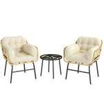 Salon de Jardin Extérieur 3 Pièces en Résine Tressée, Table en Verre Trempé, 2 Fauteuils avec Coussins, 62x73x79cm, Crème