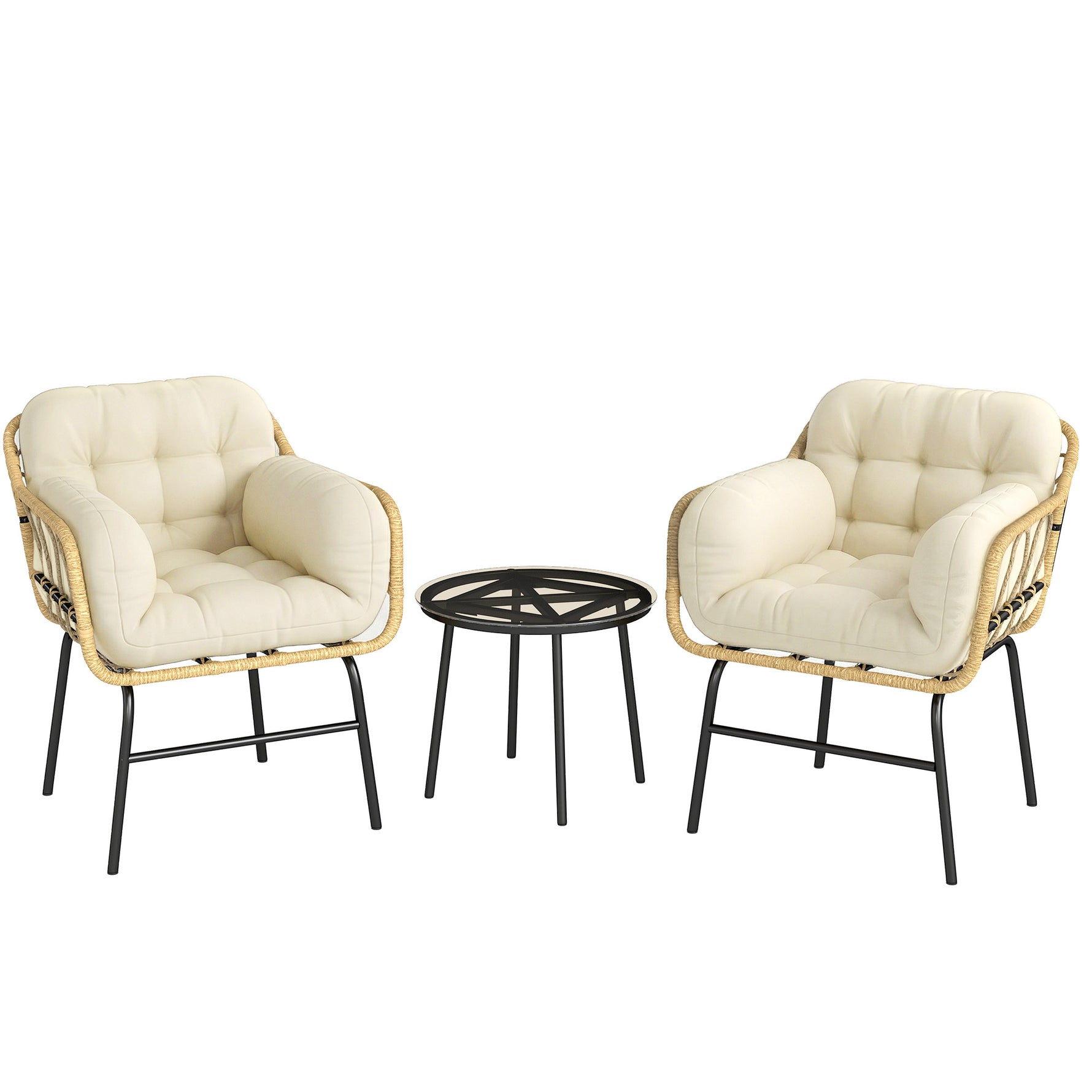 Salon de Jardin Extérieur 3 Pièces en Résine Tressée, Table en Verre Trempé, 2 Fauteuils avec Coussins, 62x73x79cm, Crème
