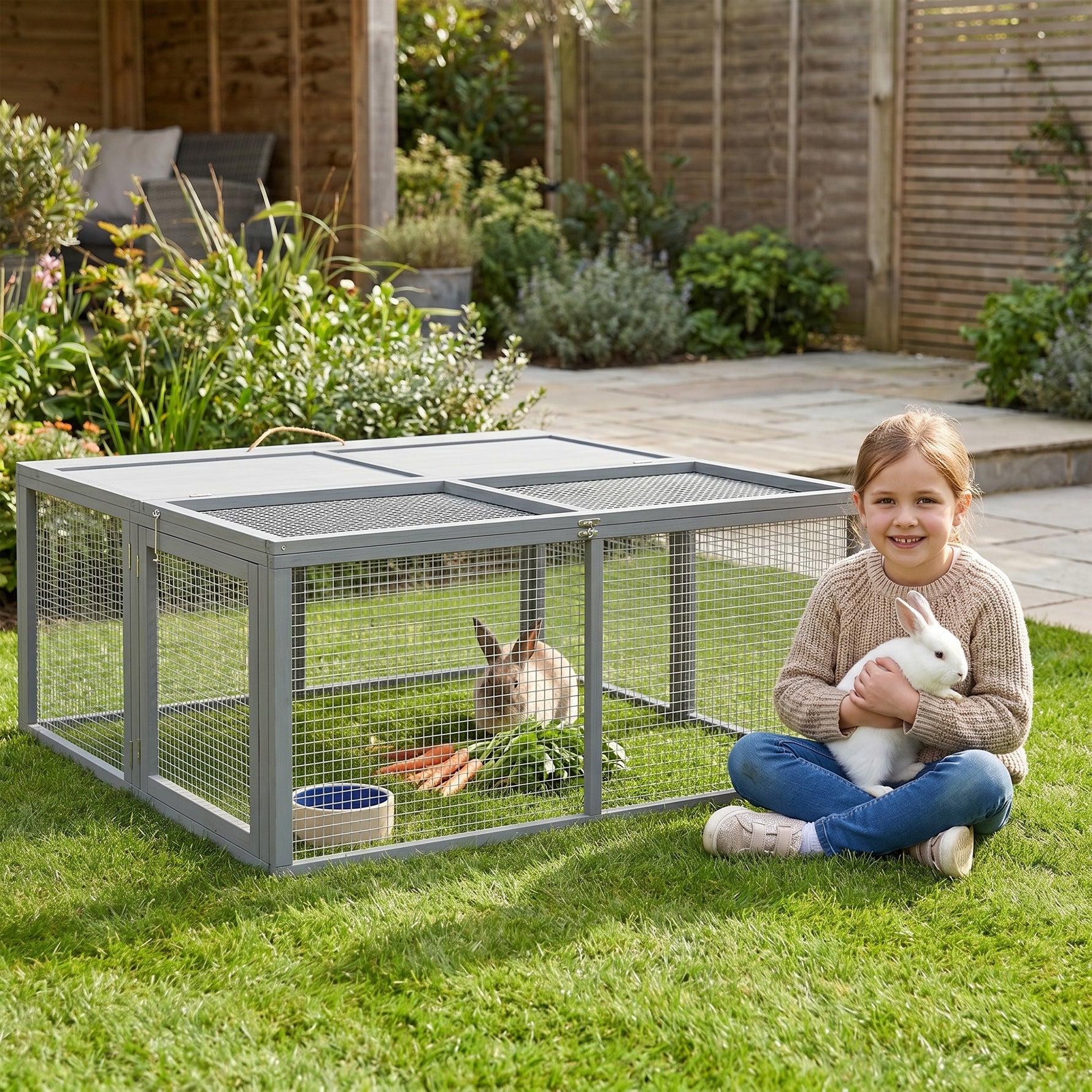 Clapier à lapins cage lapin pliable avec poignée dessus ouvrable pour 2 à 3 lapins cochons d'inde 110 x 105 x 50 cm gris